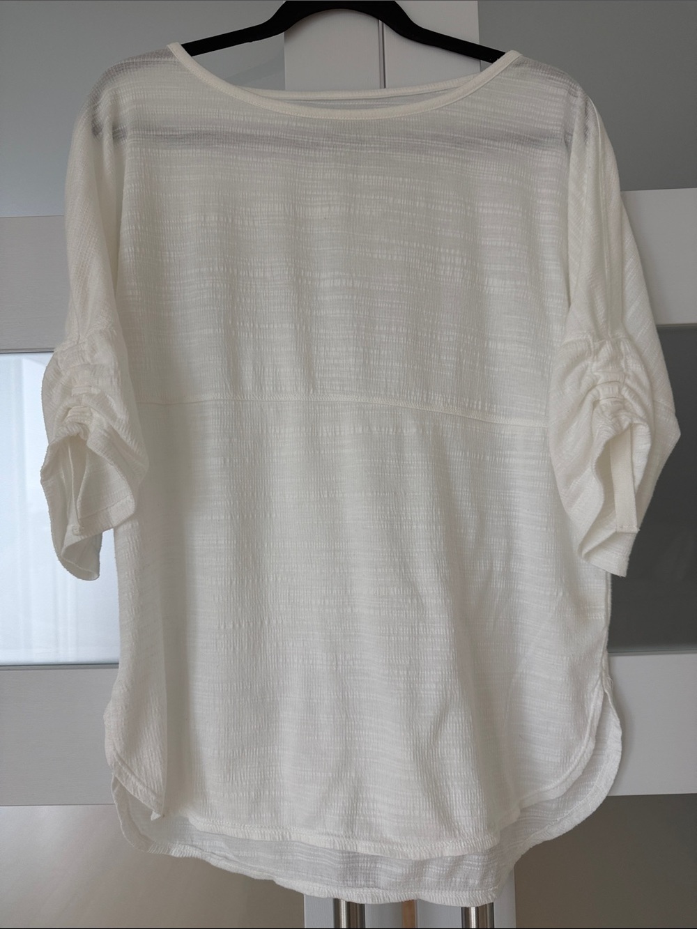 Max Studio Cream Textured Boatneck Top with Ruched Elbow Sleeves